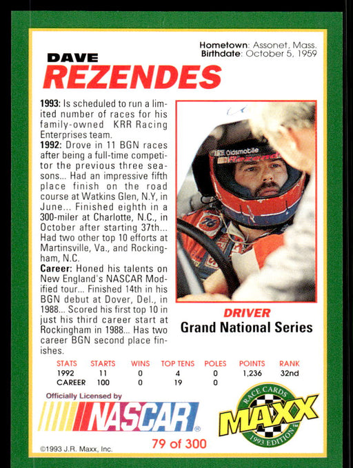 Dave Rezendes 1993 Maxx Race Cards Base Back of Card