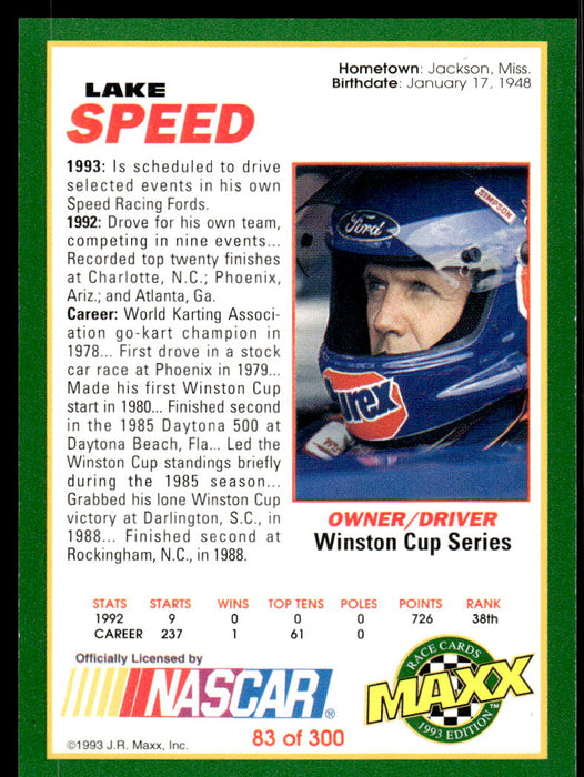 Lake Speed 1993 Maxx Race Cards Base Back of Card