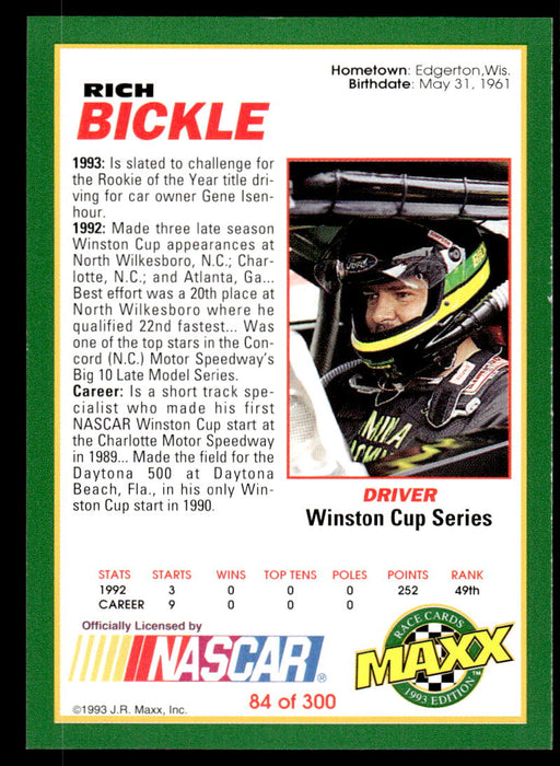 Rich Bickle 1993 Maxx Race Cards Base Back of Card