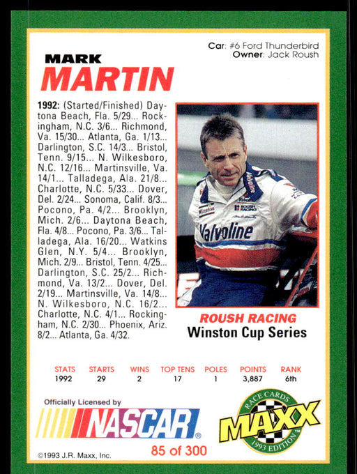 Mark Martin 1993 Maxx Race Cards Base Back of Card