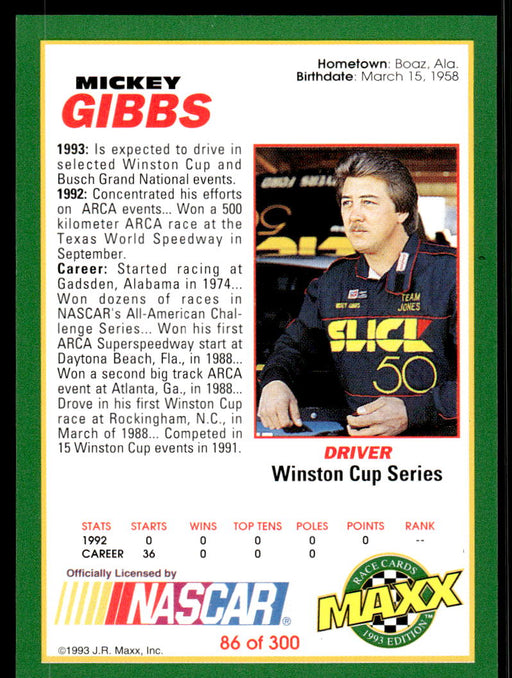 Mickey Gibbs 1993 Maxx Race Cards Base Back of Card