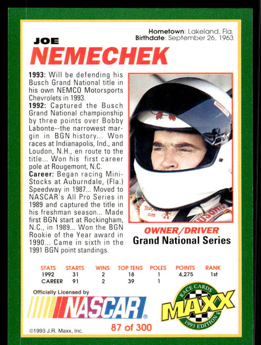 Joe Nemechek 1993 Maxx Race Cards Base Back of Card