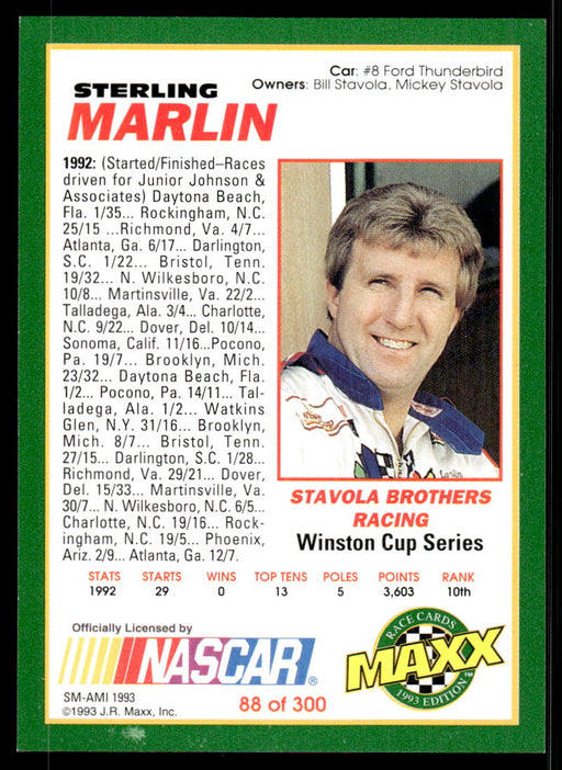 Sterling Marlin 1993 Maxx Race Cards Base Back of Card