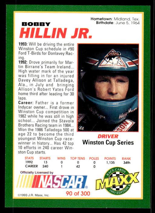 Bobby Hillin Jr. 1993 Maxx Race Cards Base Back of Card