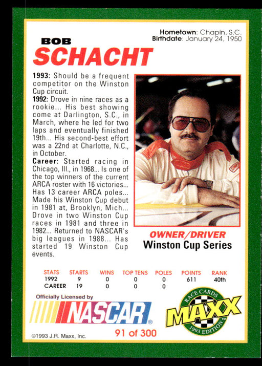 Bob Schacht 1993 Maxx Race Cards Base Back of Card