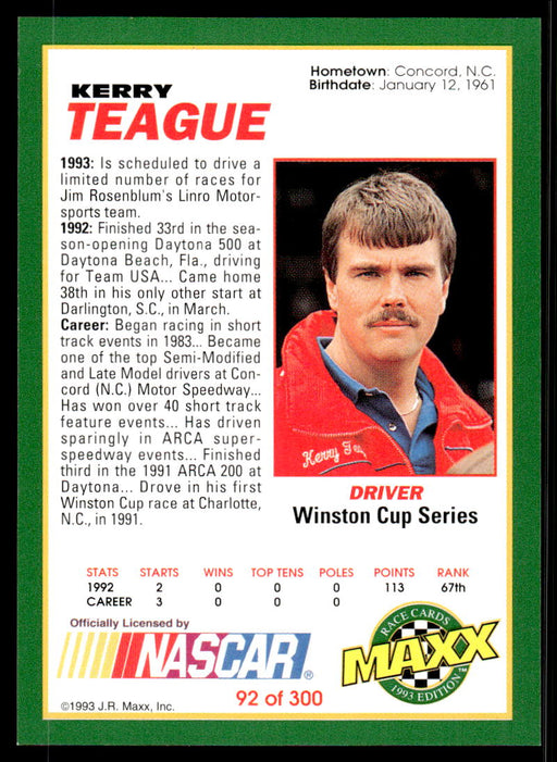 Kerry Teague 1993 Maxx Race Cards Base Back of Card