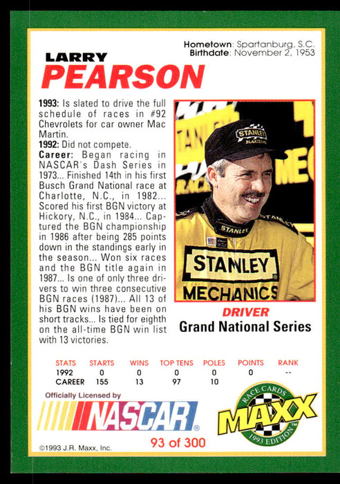 Larry Pearson 1993 Maxx Race Cards Base Back of Card