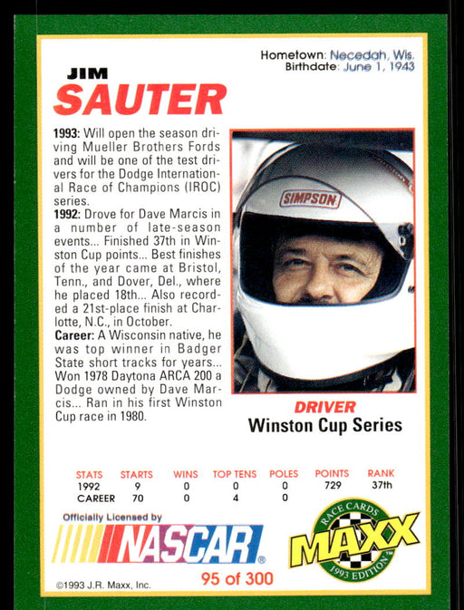 Jim Sauter 1993 Maxx Race Cards Base Back of Card