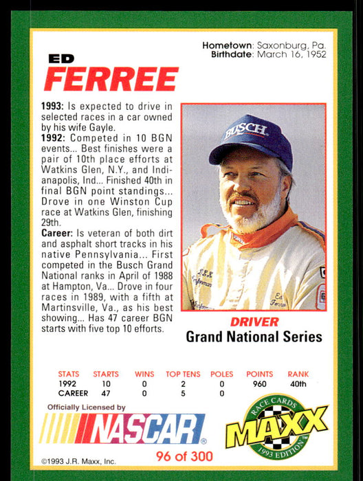 Ed Ferree 1993 Maxx Race Cards Base Back of Card