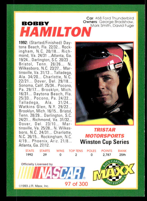 Bobby Hamilton 1993 Maxx Race Cards Base Back of Card