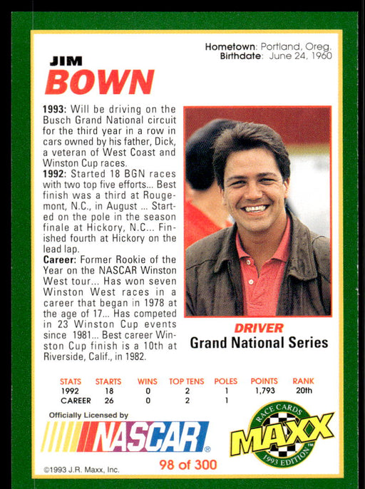 Jim Bown 1993 Maxx Race Cards Base Back of Card