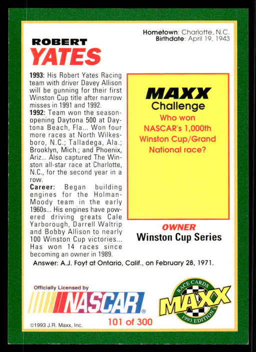 Robert Yates 1993 Maxx Race Cards Base Back of Card