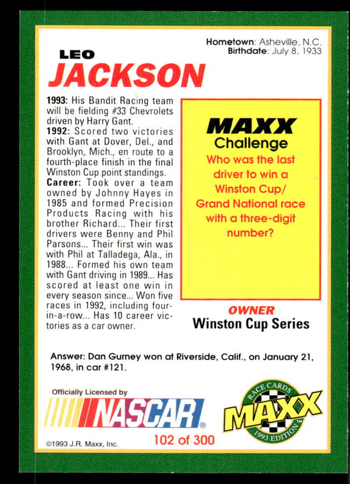 Leo Jackson 1993 Maxx Race Cards Base Back of Card