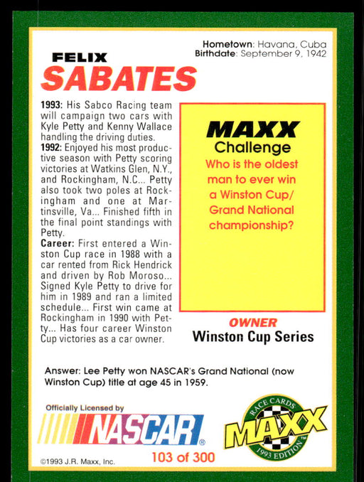 Felix Sabates 1993 Maxx Race Cards Base Back of Card