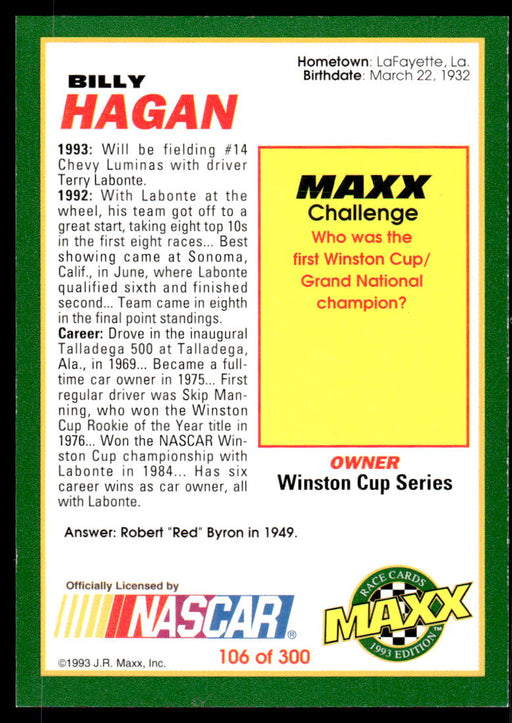 Billy Hagan 1993 Maxx Race Cards Base Back of Card