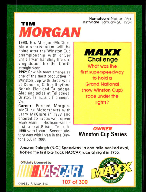 Tim Morgan 1993 Maxx Race Cards Base Back of Card