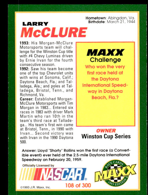 Larry McClure 1993 Maxx Race Cards Base Back of Card