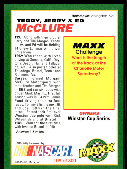 McClure Brothers 1993 Maxx Race Cards Base Back of Card