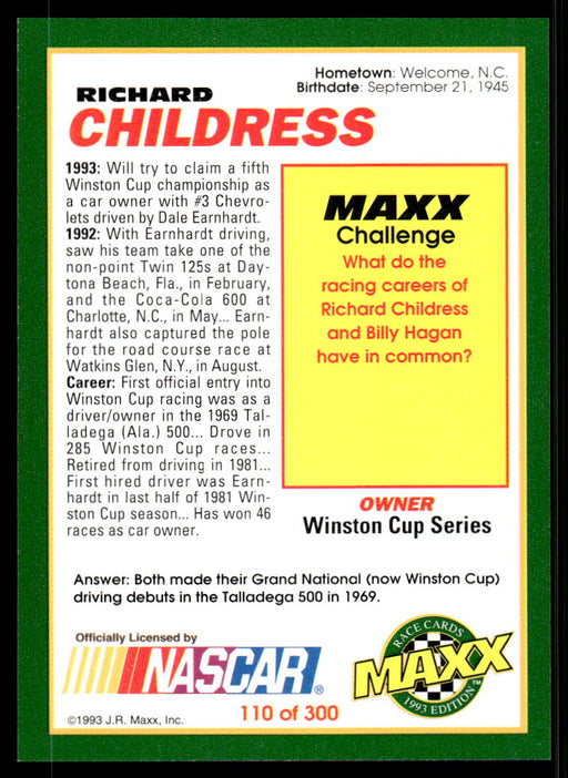 Richard Childress 1993 Maxx Race Cards Base Back of Card