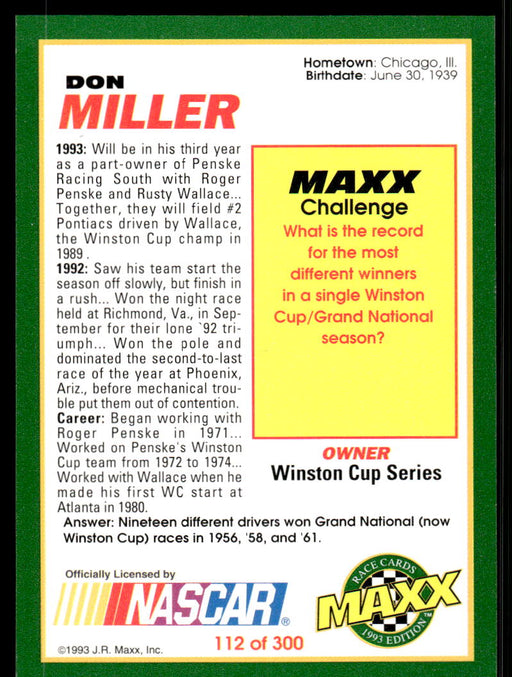 Don Miller 1993 Maxx Race Cards Base Back of Card