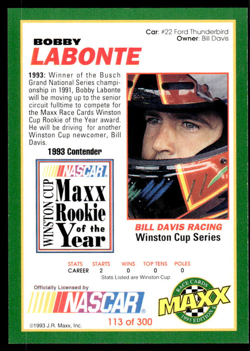 Bobby Labonte 1993 Maxx Race Cards Base Back of Card