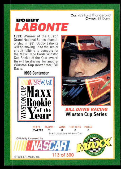 Bobby Labonte 1993 Maxx Race Cards Base Back of Card