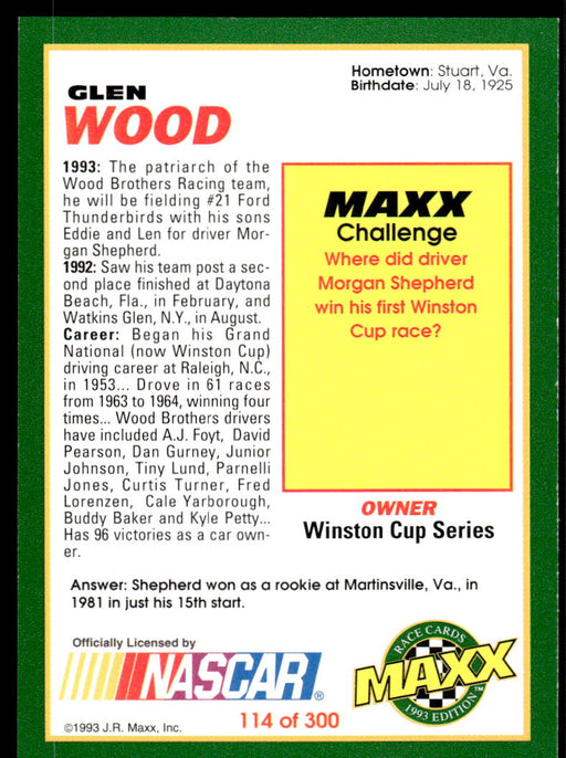 Glen Wood 1993 Maxx Race Cards Base Back of Card