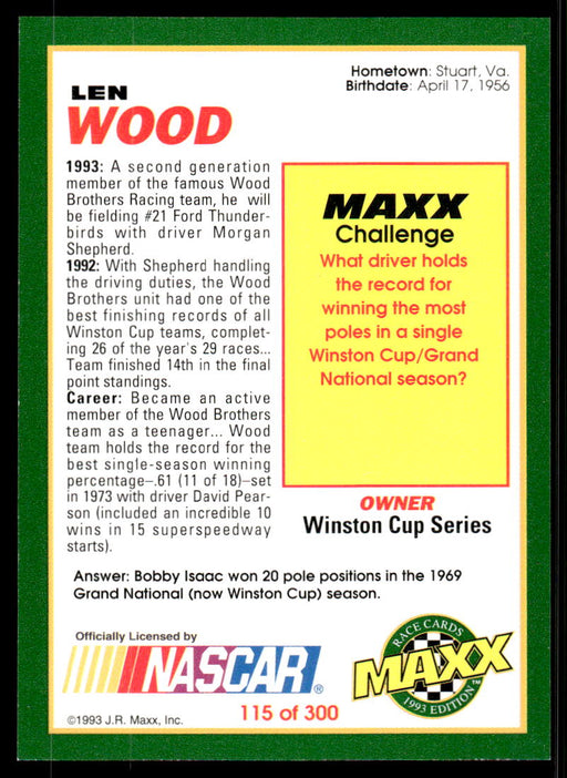 Len Wood 1993 Maxx Race Cards Base Back of Card