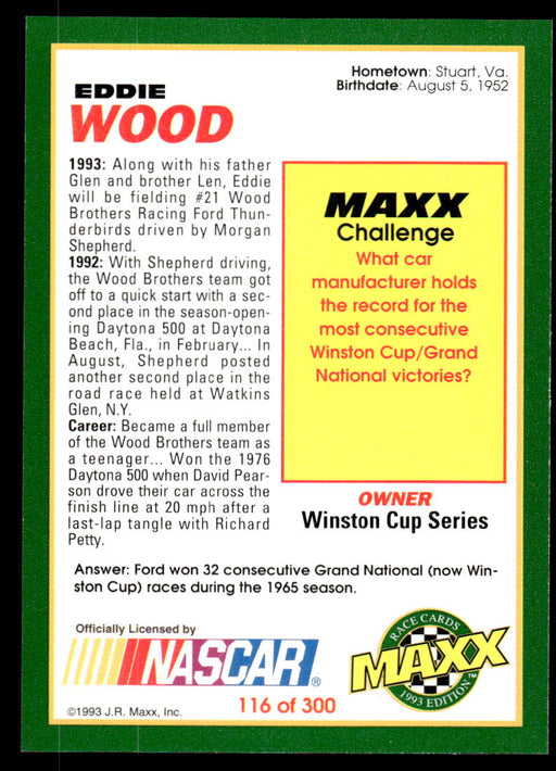 Eddie Wood 1993 Maxx Race Cards Base Back of Card