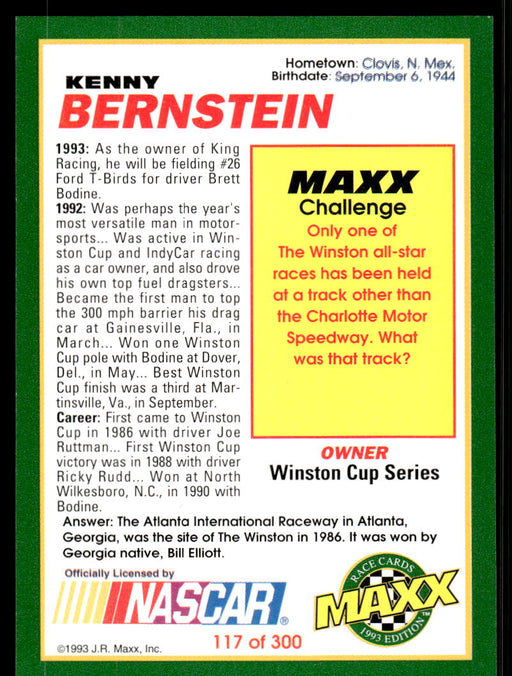 Kenny Bernstein 1993 Maxx Race Cards Base Back of Card