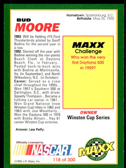 Bud Moore 1993 Maxx Race Cards Base Back of Card
