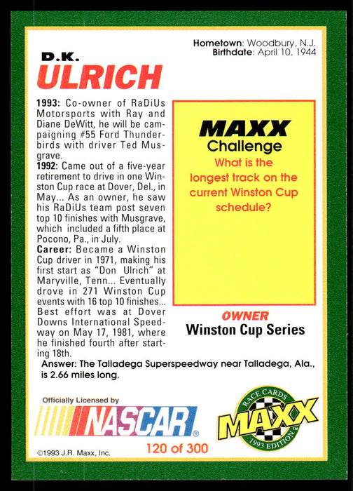 DK Ulrich 1993 Maxx Race Cards Base Back of Card