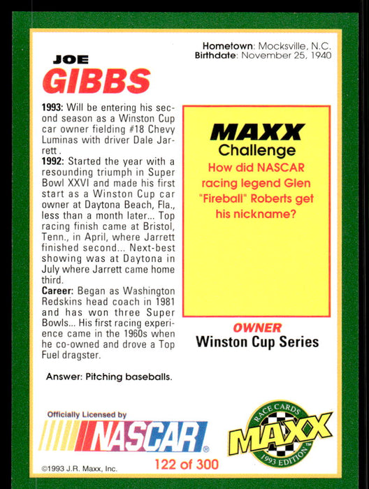 Joe Gibbs 1993 Maxx Race Cards Base Back of Card