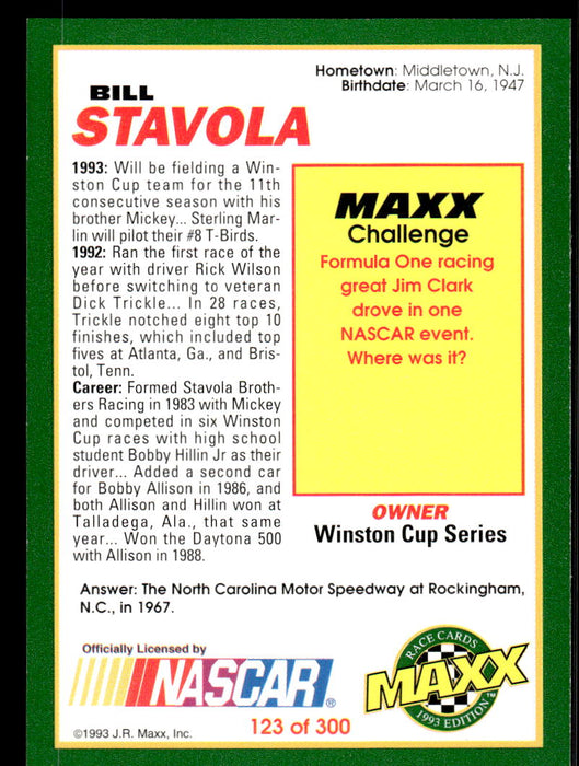 Bill Stavola 1993 Maxx Race Cards Base Back of Card