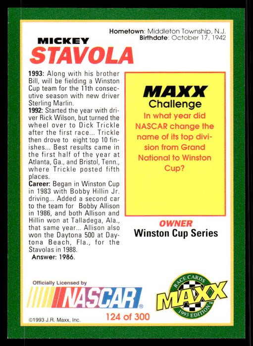 Mickey Stavola 1993 Maxx Race Cards Base Back of Card