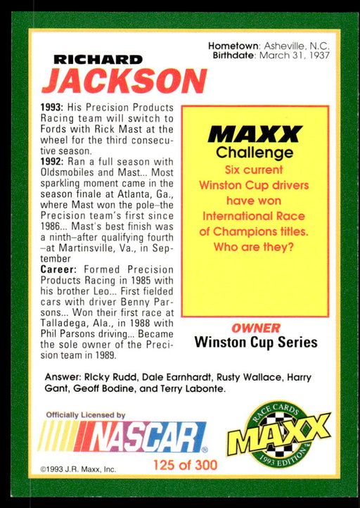 Richard Jackson 1993 Maxx Race Cards Base Back of Card