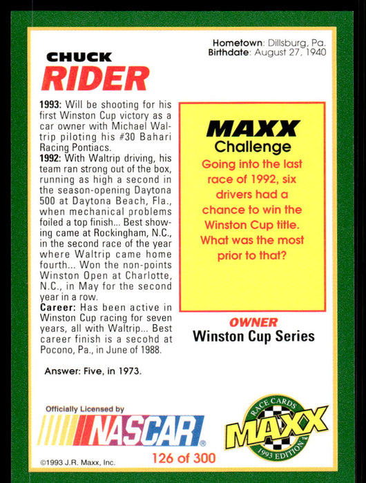 Chuck Rider 1993 Maxx Race Cards Base Back of Card