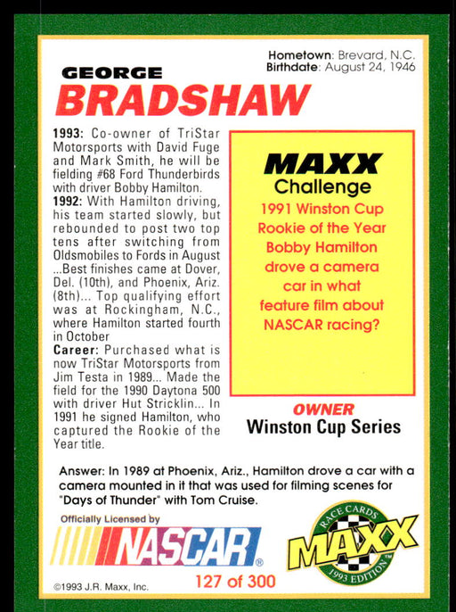 George Bradshaw 1993 Maxx Race Cards Base Back of Card