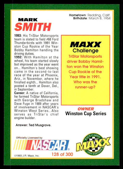 Mark Smith 1993 Maxx Race Cards Base Back of Card