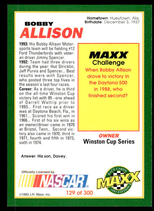 Bobby Allison 1993 Maxx Race Cards Base Back of Card