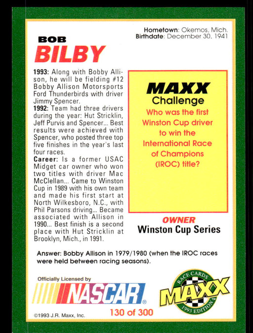 Bob Bilby 1993 Maxx Race Cards Base Back of Card