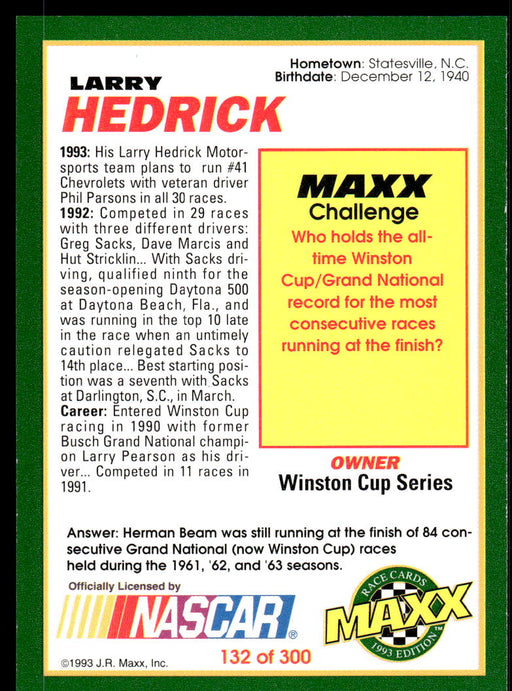 Larry Hedrick 1993 Maxx Race Cards Base Back of Card