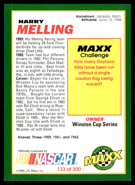 Harry Melling 1993 Maxx Race Cards Base Back of Card