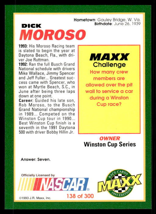 Dick Moroso 1993 Maxx Race Cards Base Back of Card