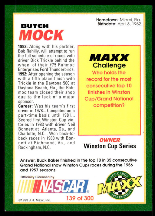 Butch Mock 1993 Maxx Race Cards Base Back of Card