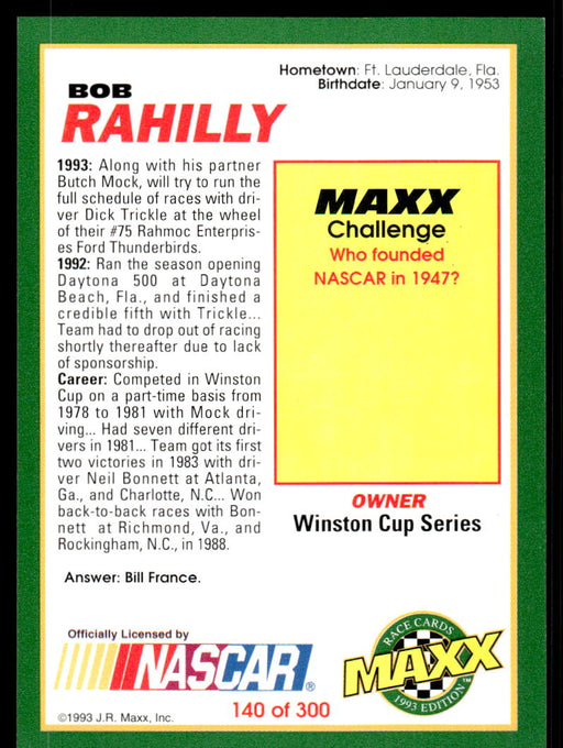 Bob Rahilly 1993 Maxx Race Cards Base Back of Card