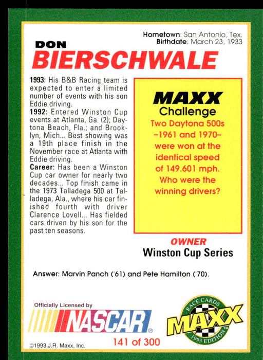 Don Bierschwale 1993 Maxx Race Cards Base Back of Card