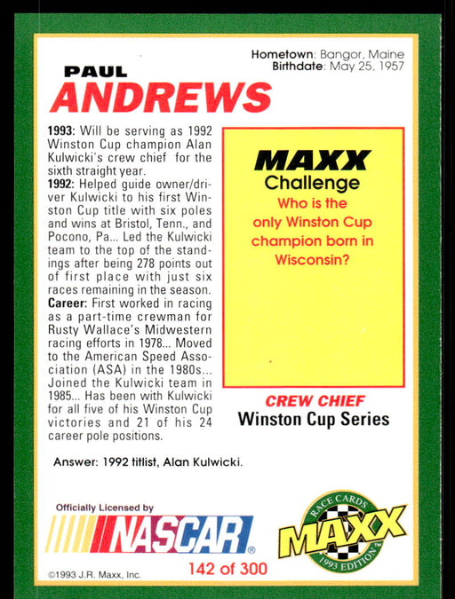 Paul Andrews 1993 Maxx Race Cards Base Back of Card