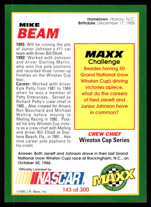 Mike beam 1993 Maxx Race Cards Base Back of Card