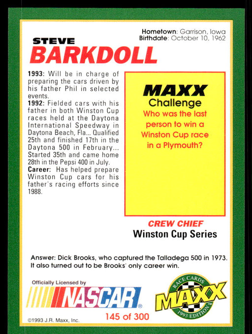 Steve Barkdoll 1993 Maxx Race Cards Base Back of Card